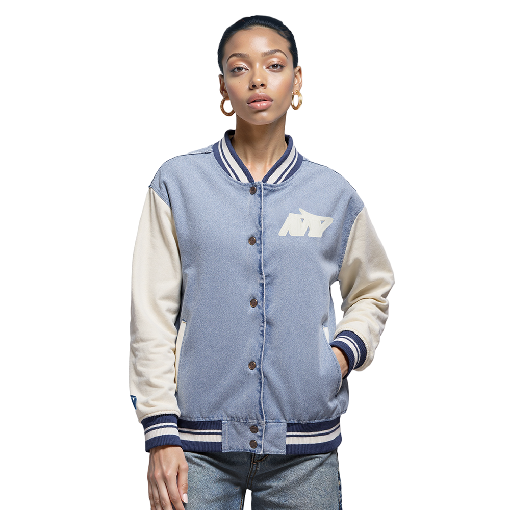 NFL NEW YORK JETS VARSITY BLUES WOMEN'S DENIM VARSITY JACKET (DENIM/LINEN)