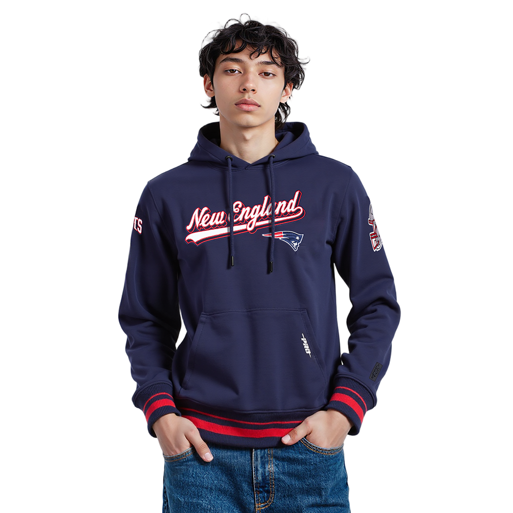 NFL NEW ENGLAND PATRIOTS SCRIPT TAIL CHANDAIL À CAPUCHON EN MOLLETON CÔTELÉ POUR HOMME (MARINE MINUIT/ROUGE/MARINE MINUIT)