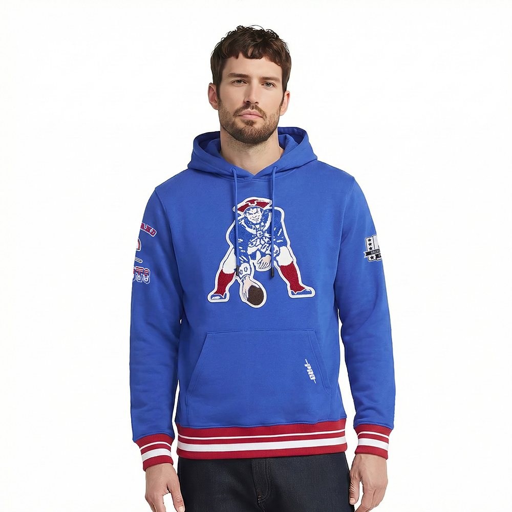 NFL NEW ENGLAND PATRIOTS RETRO CLASSIC CHANDAIL À CAPUCHON POUR HOMME (BLEU ROYAL/ROUGE)