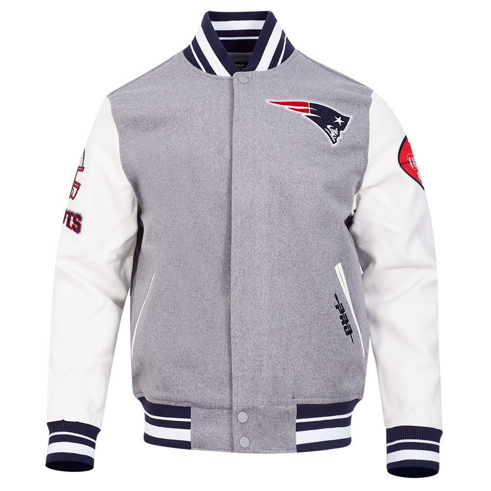 NFL NEW ENGLAND PATRIOTS OLD ENGLISH BLOUSON COLLÉGIAL EN LAINE À BORDS CÔTELÉS POUR HOMME (GRIS CHINÉ/BLANC/MARINE MINUIT)