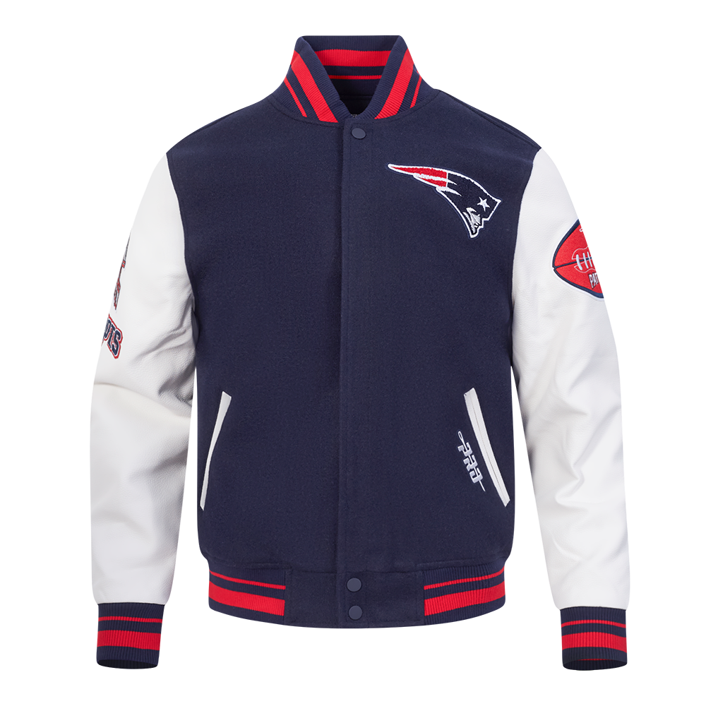NFL NEW ENGLAND PATRIOTS OLD ENGLISH BLOUSON COLLÉGIAL EN LAINE À BORDS CÔTELÉS POUR HOMME (MARINE MINUIT/ROUGE/MARINE MINUIT)