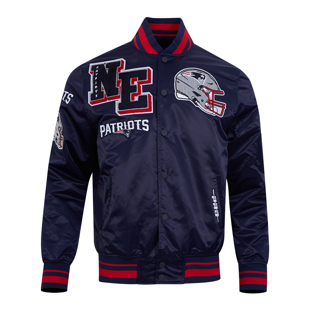 NFL NEW ENGLAND PATRIOTS MASH UP BLOUSON EN SATIN À BORDS CÔTELÉS POUR HOMME (MARINE MINUIT/ROUGE/MARINE MINUIT)