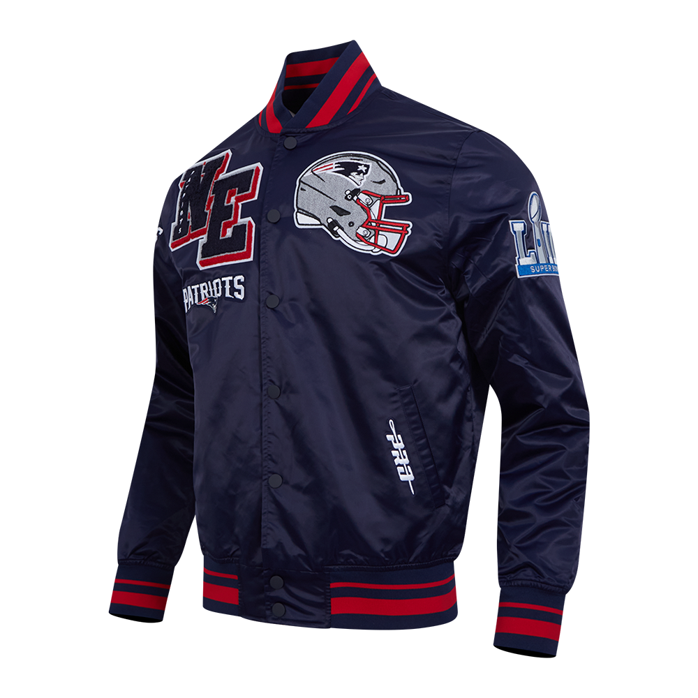 NFL NEW ENGLAND PATRIOTS MASH UP BLOUSON EN SATIN À BORDS CÔTELÉS POUR HOMME (MARINE MINUIT/ROUGE/MARINE MINUIT)