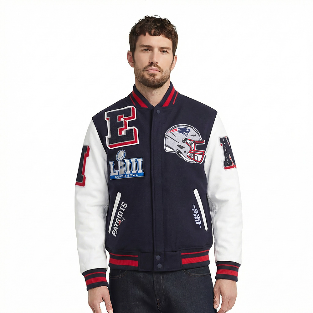 NFL NEW ENGLAND PATRIOTS MASH UP BLOUSON COLLÉGIAL EN LAINE À BORDS CÔTELÉS POUR HOMME (MARINE MINUIT/ROUGE/MARINE MINUIT)
