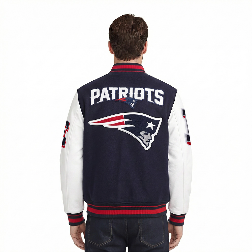 NFL NEW ENGLAND PATRIOTS MASH UP BLOUSON COLLÉGIAL EN LAINE À BORDS CÔTELÉS POUR HOMME (MARINE MINUIT/ROUGE/MARINE MINUIT)