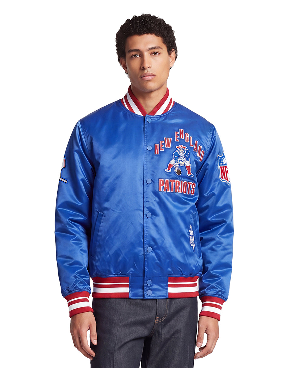 NFL NEW ENGLAND PATRIOTS ON TOP BLOUSON EN SATIN POUR HOMME (BLEU ROYAL/ROUGE)