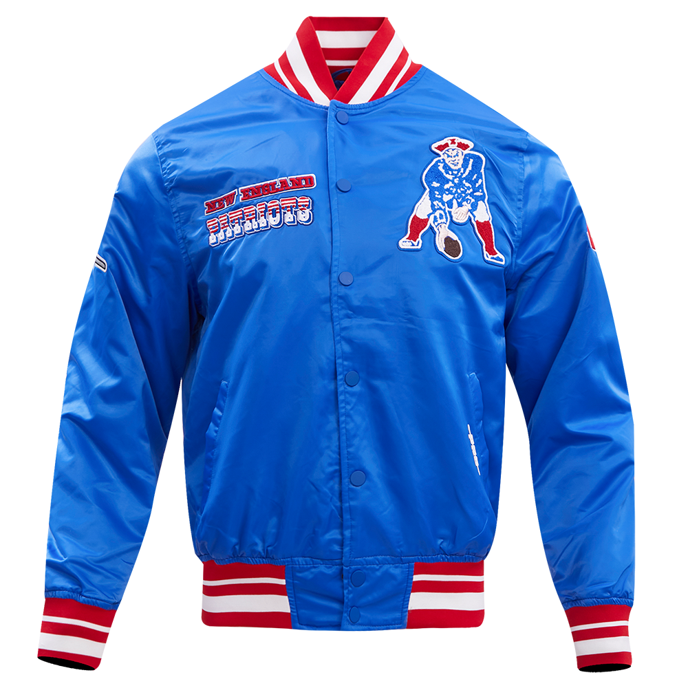 NFL NEW ENGLAND PATRIOTS RETRO CLASSIC MEN'S RIB SATIN JACKET (ROYAL BLUE/RED)