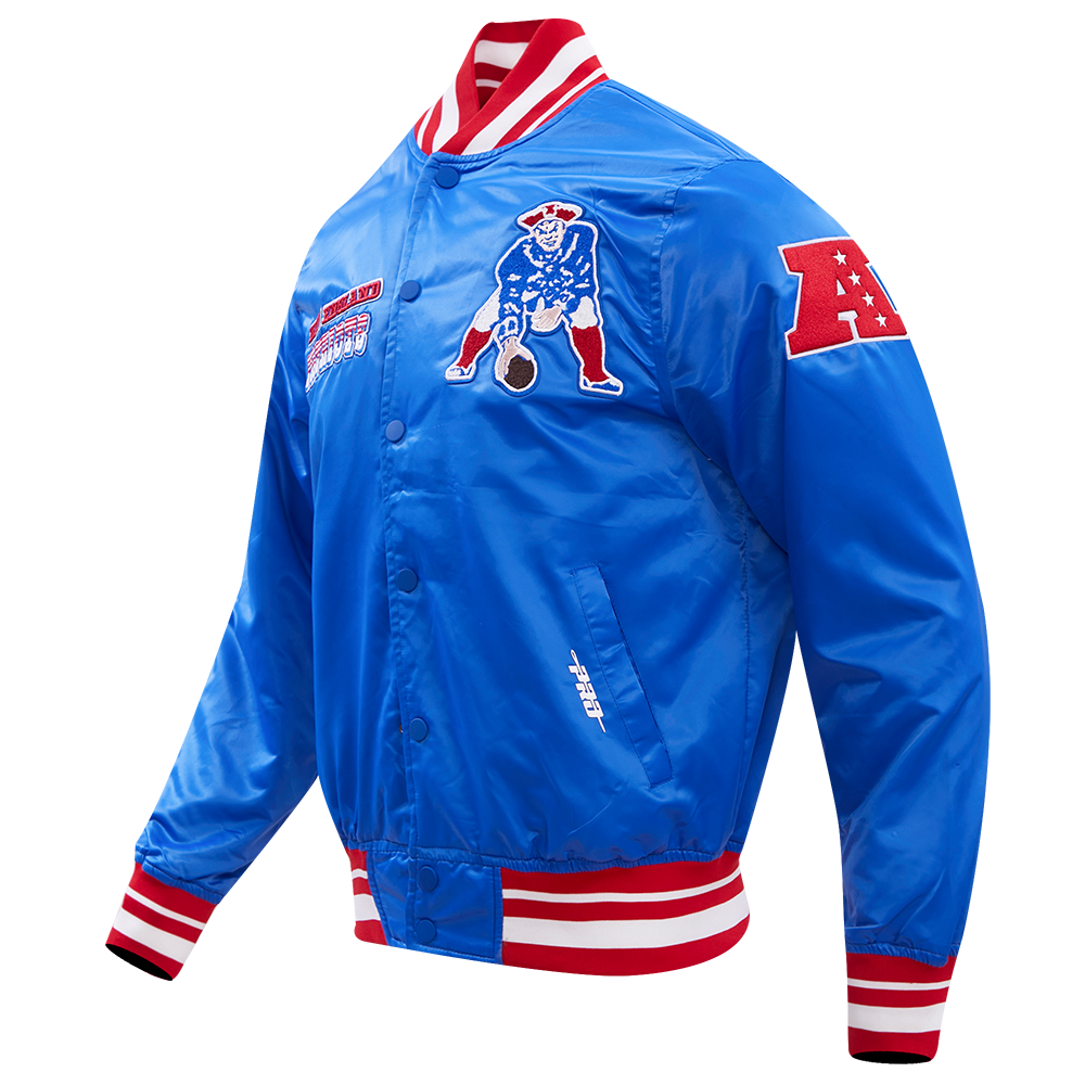 NFL NEW ENGLAND PATRIOTS RETRO CLASSIC BLOUSON EN SATIN À BORDS CÔTELÉS POUR HOMME (BLEU ROYAL/ROUGE)