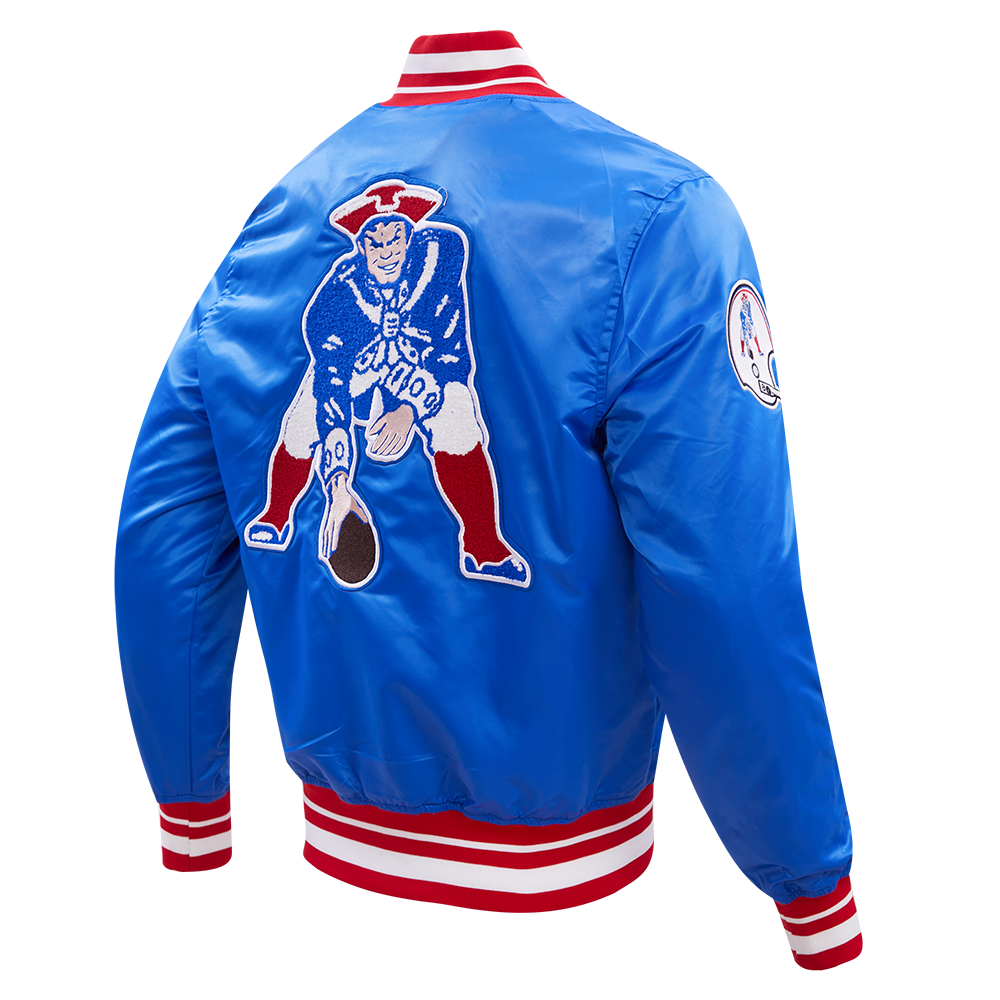 NFL NEW ENGLAND PATRIOTS RETRO CLASSIC MEN'S RIB SATIN JACKET (ROYAL BLUE/RED)