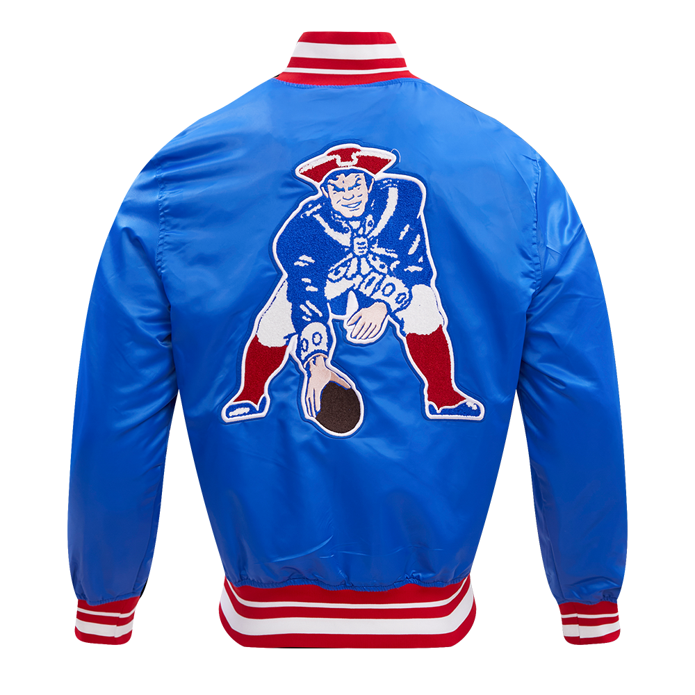 NFL NEW ENGLAND PATRIOTS RETRO CLASSIC MEN'S RIB SATIN JACKET (ROYAL BLUE/RED)