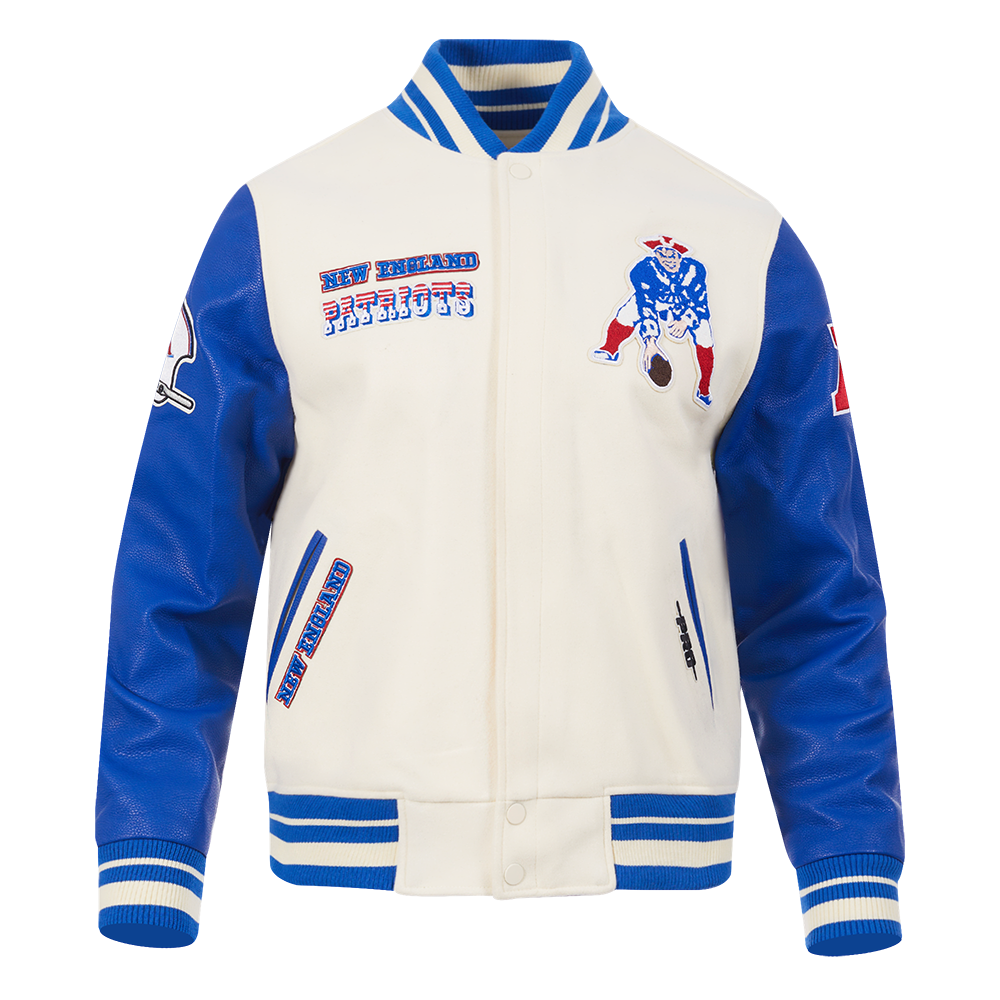 NFL NEW ENGLAND PATRIOTS RETRO CLASSIC MEN'S RIB WOOL VARSITY JACKET (EGGSHELL/ ROYAL BLUE)