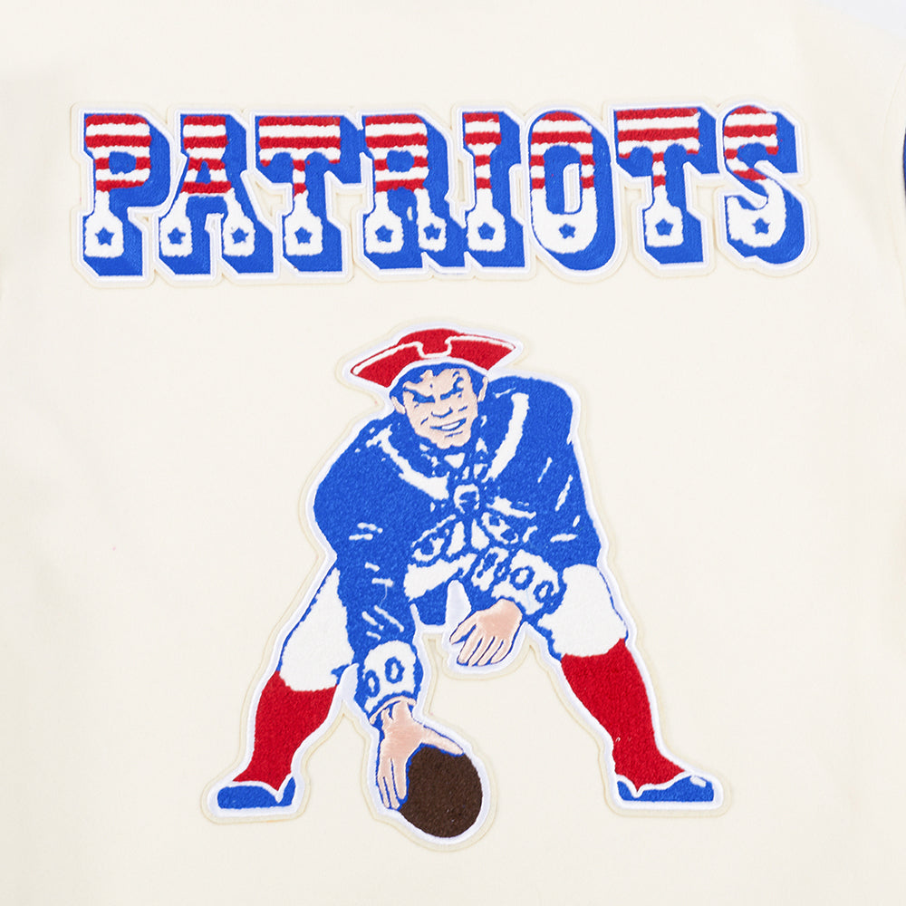 NFL NEW ENGLAND PATRIOTS RETRO CLASSIC MEN'S RIB WOOL VARSITY JACKET (EGGSHELL/ ROYAL BLUE)