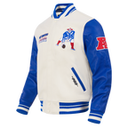 NFL NEW ENGLAND PATRIOTS RETRO CLASSIC MEN'S RIB WOOL VARSITY JACKET (EGGSHELL/ ROYAL BLUE)