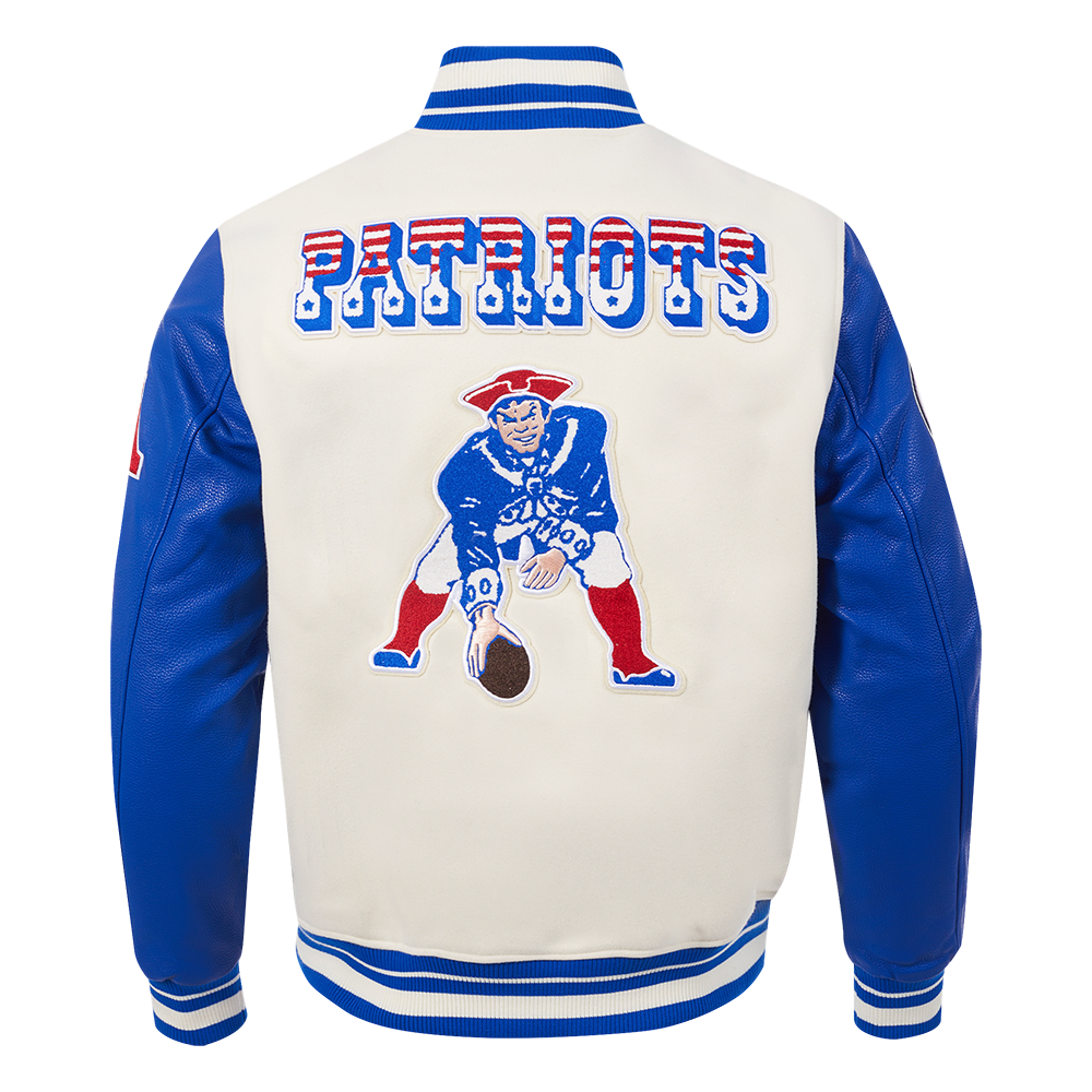 NFL NEW ENGLAND PATRIOTS RETRO CLASSIC MEN'S RIB WOOL VARSITY JACKET (EGGSHELL/ ROYAL BLUE)