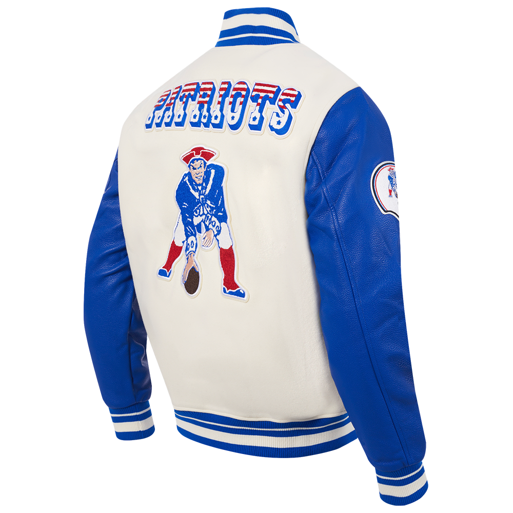 NFL NEW ENGLAND PATRIOTS RETRO CLASSIC MEN'S RIB WOOL VARSITY JACKET (EGGSHELL/ ROYAL BLUE)