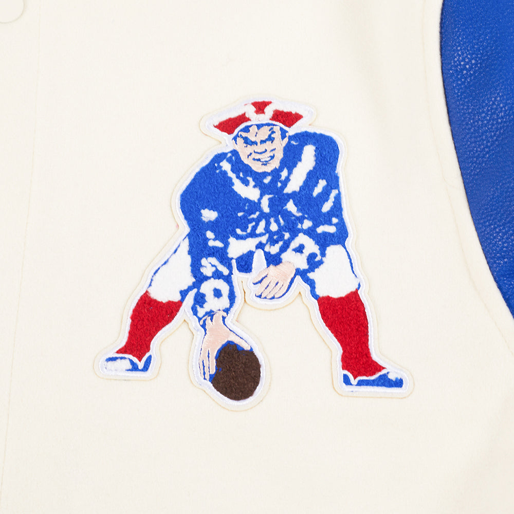 NFL NEW ENGLAND PATRIOTS RETRO CLASSIC MEN'S RIB WOOL VARSITY JACKET (EGGSHELL/ ROYAL BLUE)