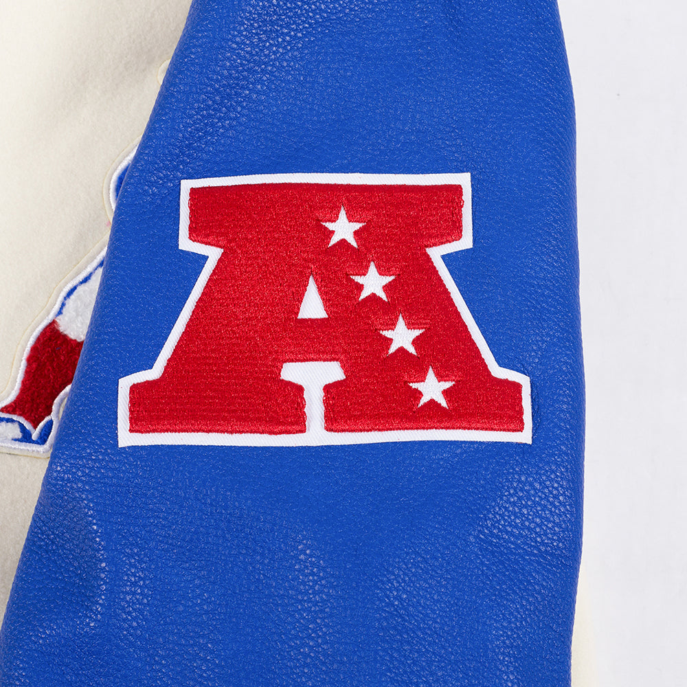 NFL NEW ENGLAND PATRIOTS RETRO CLASSIC MEN'S RIB WOOL VARSITY JACKET (EGGSHELL/ ROYAL BLUE)