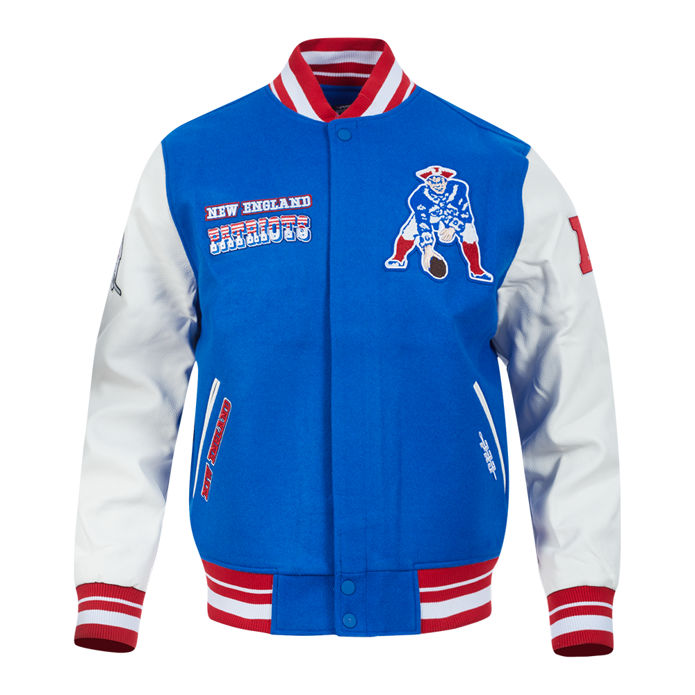 NFL NEW ENGLAND PATRIOTS RETRO CLASSIC BLOUSON COLLÉGIAL EN LAINE À BORDS CÔTELÉS POUR HOMME (BLEU ROYAL/ROUGE)