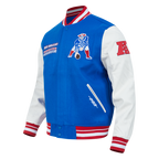 NFL NEW ENGLAND PATRIOTS RETRO CLASSIC BLOUSON COLLÉGIAL EN LAINE À BORDS CÔTELÉS POUR HOMME (BLEU ROYAL/ROUGE)