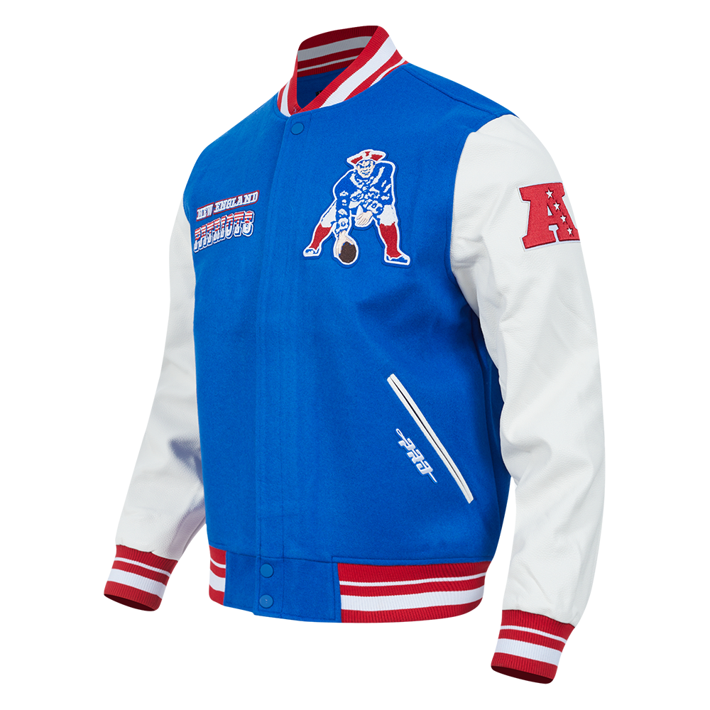 NFL NEW ENGLAND PATRIOTS RETRO CLASSIC BLOUSON COLLÉGIAL EN LAINE À BORDS CÔTELÉS POUR HOMME (BLEU ROYAL/ROUGE)