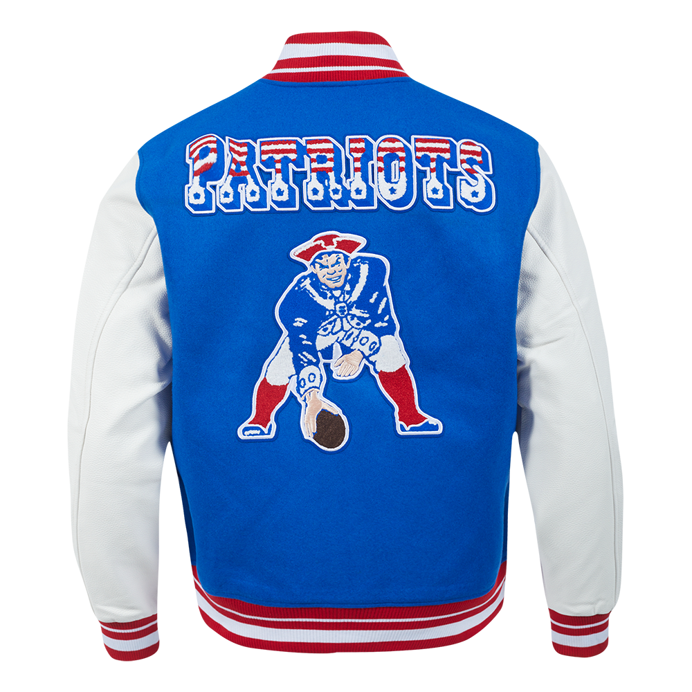 NFL NEW ENGLAND PATRIOTS RETRO CLASSIC BLOUSON COLLÉGIAL EN LAINE À BORDS CÔTELÉS POUR HOMME (BLEU ROYAL/ROUGE)