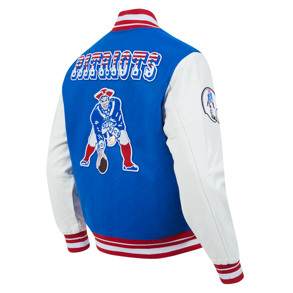 NFL NEW ENGLAND PATRIOTS RETRO CLASSIC BLOUSON COLLÉGIAL EN LAINE À BORDS CÔTELÉS POUR HOMME (BLEU ROYAL/ROUGE)