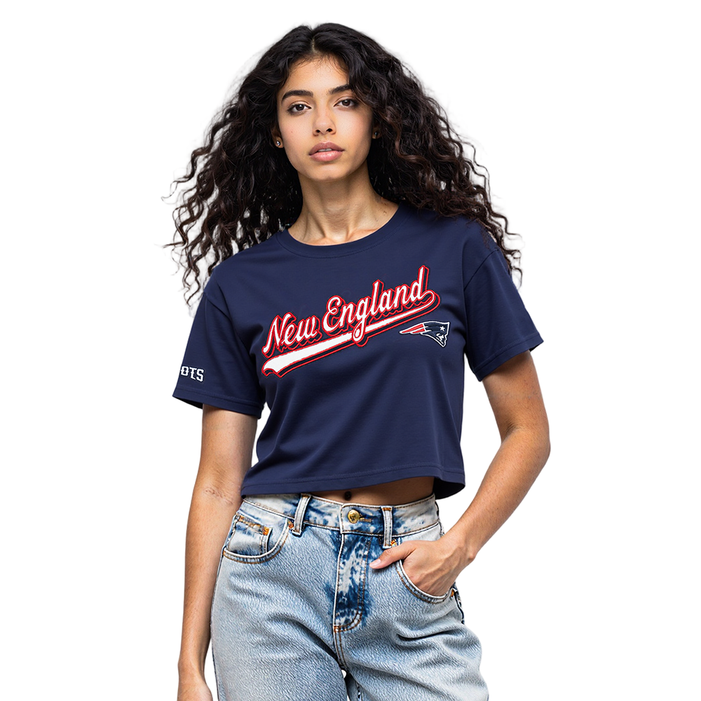 NFL NEW ENGLAND PATRIOTS SCRIPT TAIL T-SHIRT EN JERSEY SIMPLE À COUPE CARRÉE POUR FEMME (MARINE MINUIT)