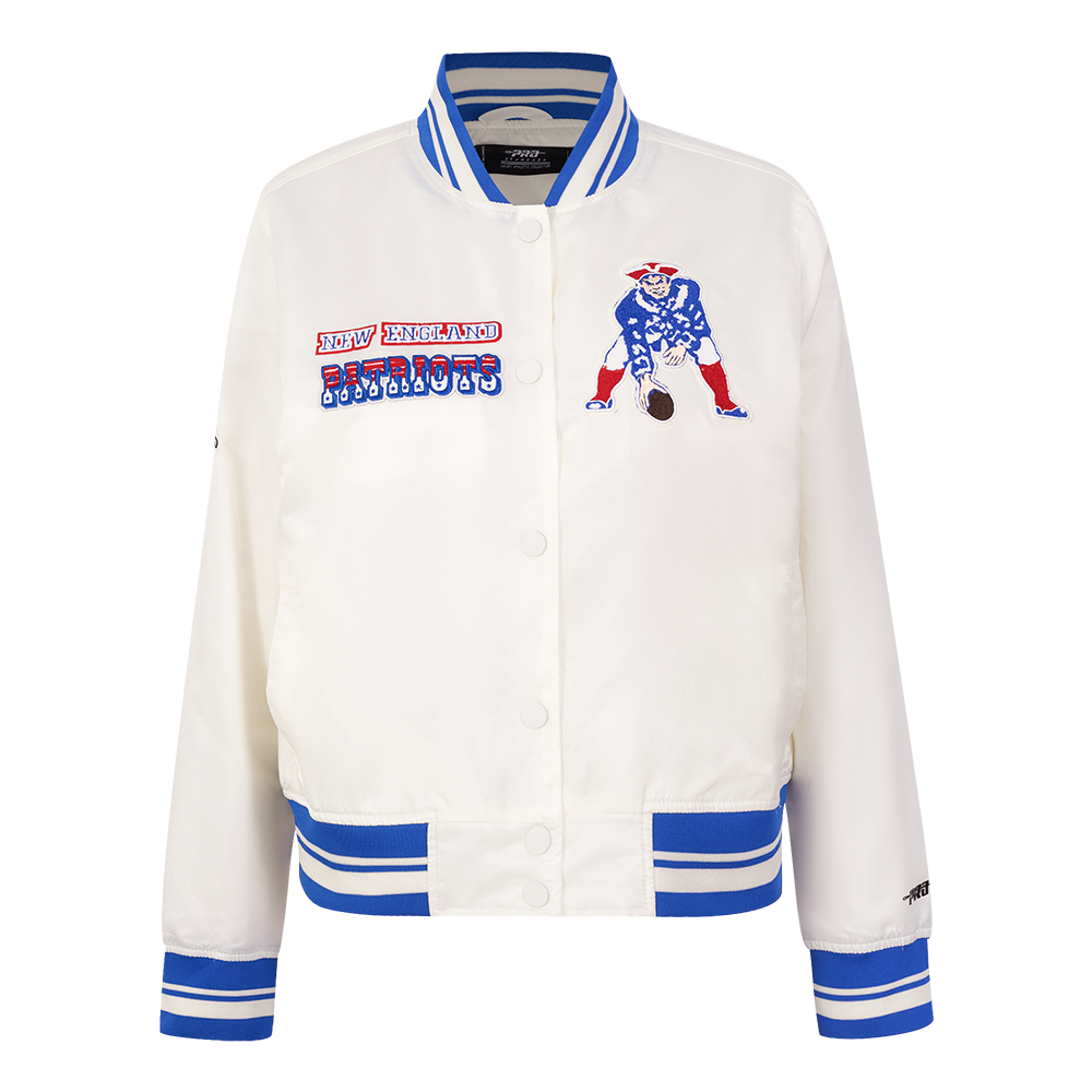 NFL NEW ENGLAND PATRIOTS RETRO CLASSIC BLOUSON EN SATIN À BORDS CÔTELÉS POUR FEMME (COQUILLE D'ŒUF/BLEU ROYAL)