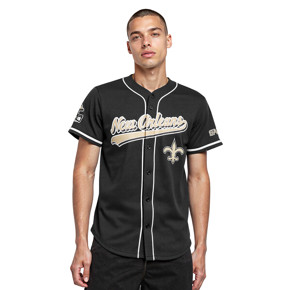 NFL NEW ORLEANS SAINTS SCRIPT TAIL MEN'S MESH BUTTON DOWN SHIRT (BLACK)