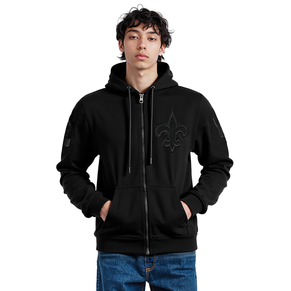 NFL NEW ORLEANS SAINTS TRIPLE BLACK CHANDAIL À CAPUCHON EN MAILLE DOUBLE À GLISSIÈRE POUR HOMME (TRIPLE NOIR)