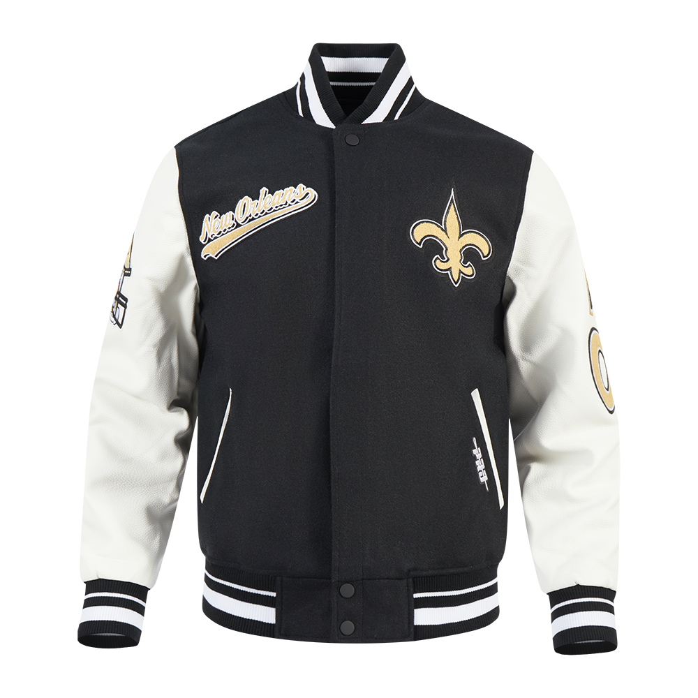 NFL NEW ORLEANS SAINTS SCRIPT TAIL MEN'S VARSITY JACKET (BLACK/WHITE)