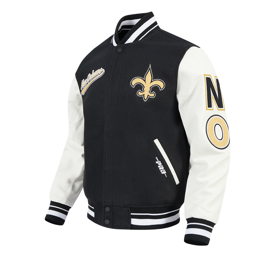 NFL NEW ORLEANS SAINTS SCRIPT TAIL MEN'S VARSITY JACKET (BLACK/WHITE)