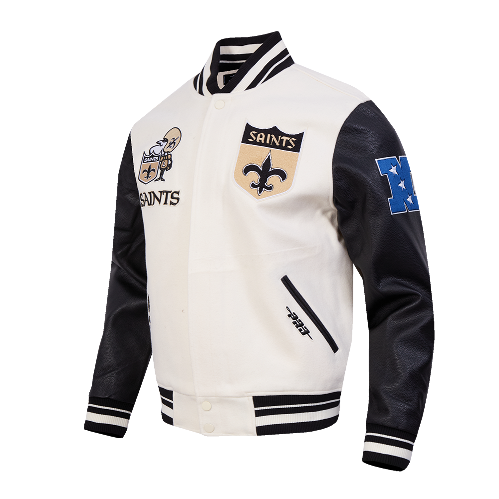 NFL NEW ORLEANS SAINTS RETRO CLASSIC MEN'SS RIB WOOL VARSTIY JACKET (EGGSHELL/ BLACK)