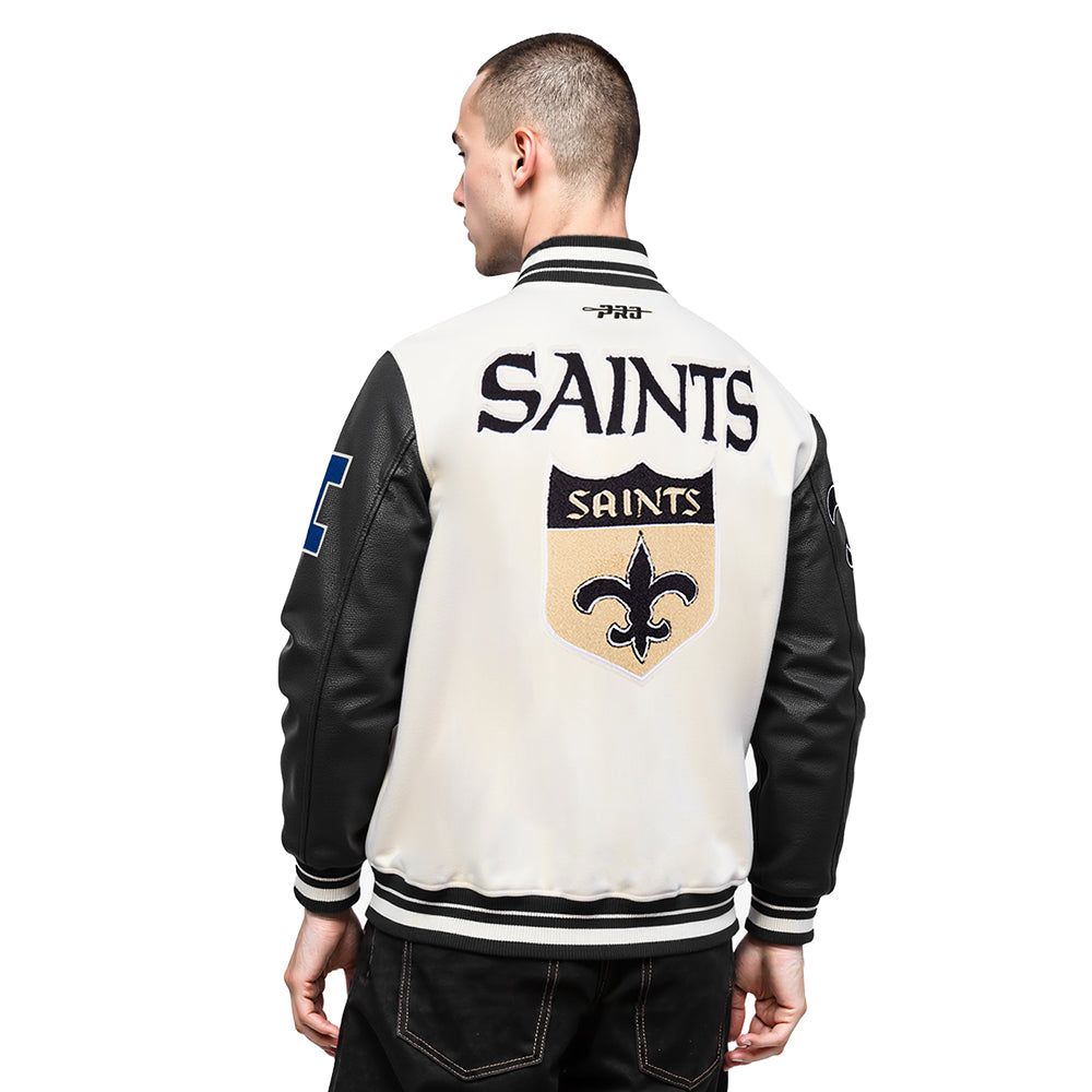 NFL NEW ORLEANS SAINTS RETRO CLASSIC MEN'SS RIB WOOL VARSTIY JACKET (EGGSHELL/ BLACK)