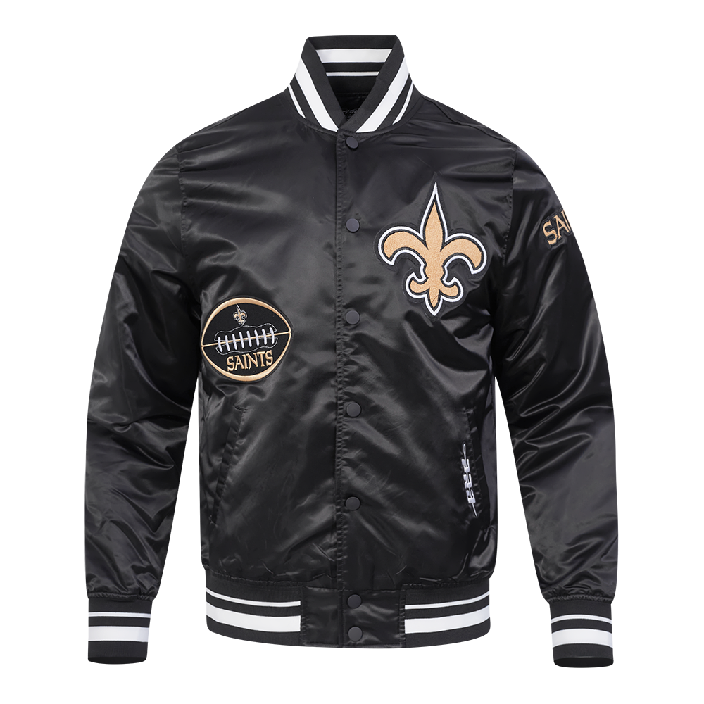 NFL NEW ORLEANS SAINTS OLD ENGLISH MEN'S RIB SATIN JACKET (BLACK)