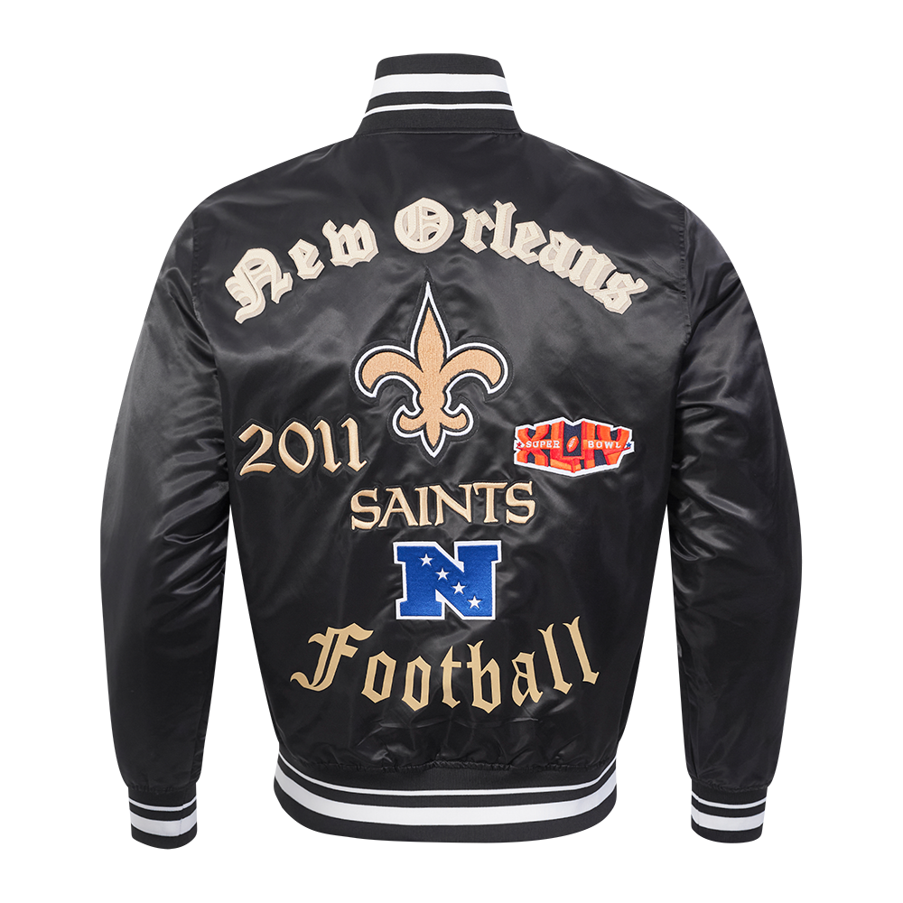 NFL NEW ORLEANS SAINTS OLD ENGLISH MEN'S RIB SATIN JACKET (BLACK)