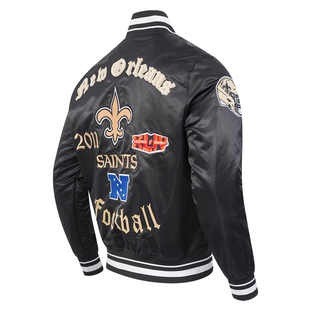 NFL NEW ORLEANS SAINTS OLD ENGLISH MEN'S RIB SATIN JACKET (BLACK)