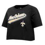 NFL NEW ORLEANS SAINTS SCRIPT TAIL T-SHIRT EN JERSEY SIMPLE À COUPE CARRÉE POUR FEMME (NOIR)