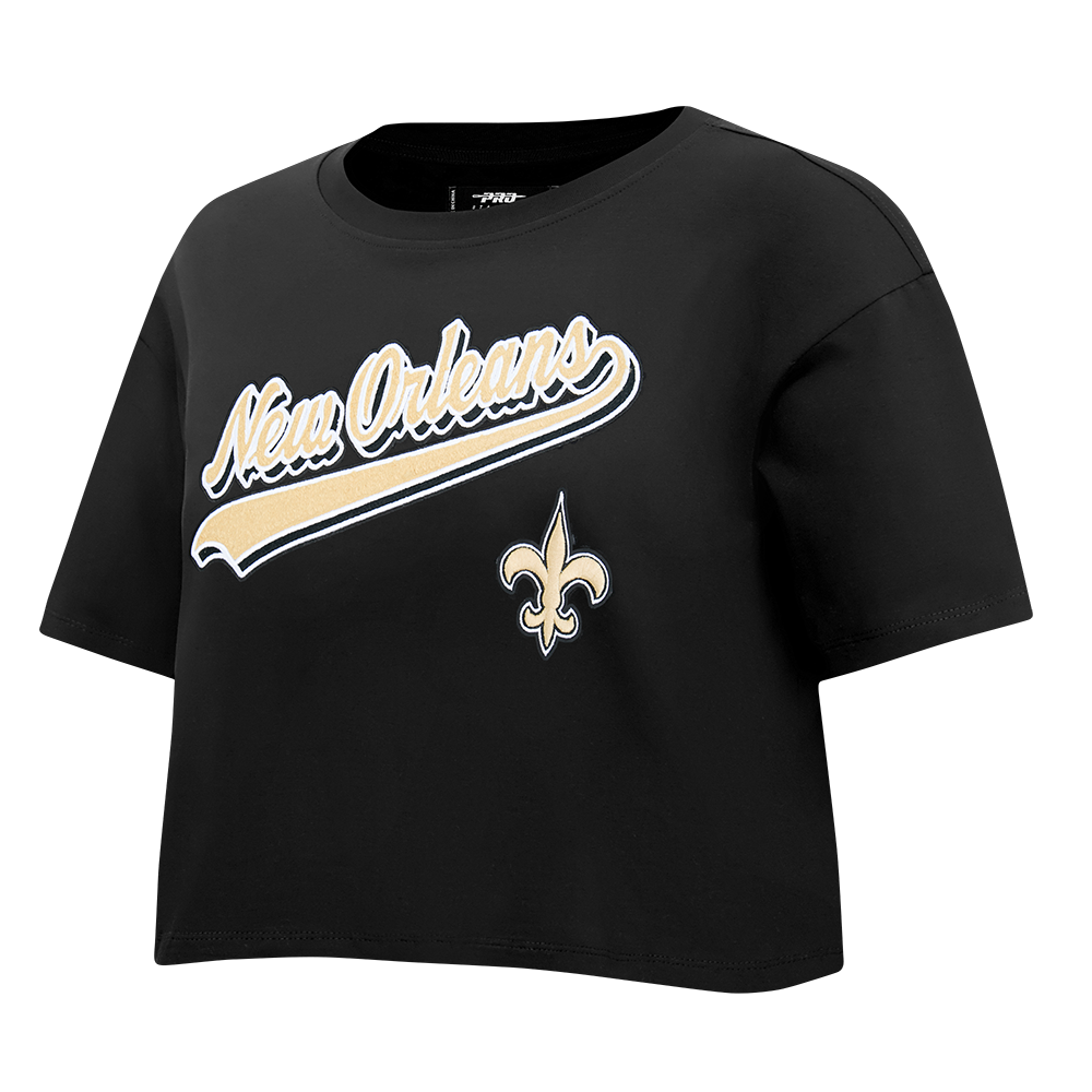 NFL NEW ORLEANS SAINTS SCRIPT TAIL T-SHIRT EN JERSEY SIMPLE À COUPE CARRÉE POUR FEMME (NOIR)