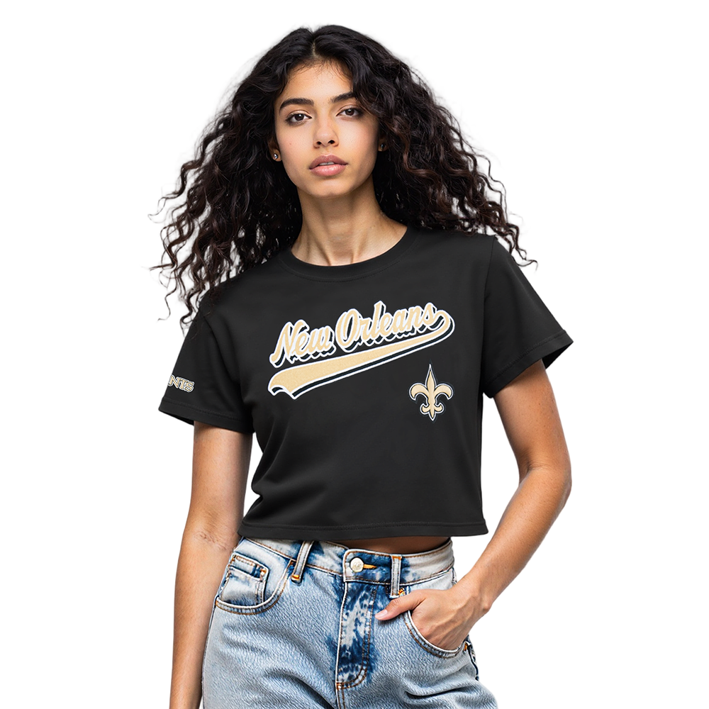 NFL NEW ORLEANS SAINTS SCRIPT TAIL T-SHIRT EN JERSEY SIMPLE À COUPE CARRÉE POUR FEMME (NOIR)