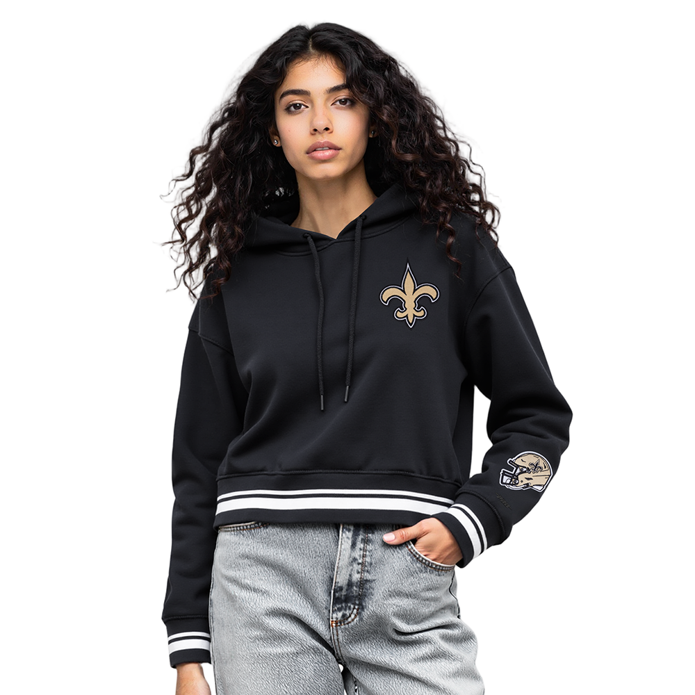 NFL NEW ORLEANS SAINTS MASHUP WOMEN'S RIB CROPPED PO HOODIE (BLACK)