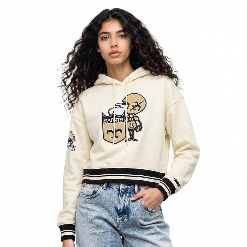 NFL NEW ORLEANS SAINTS RETRO CLASSIC CHANDAIL À CAPUCHON COURT EN MOLLETON POUR FEMME (COQUILLE D'ŒUF/NOIR)