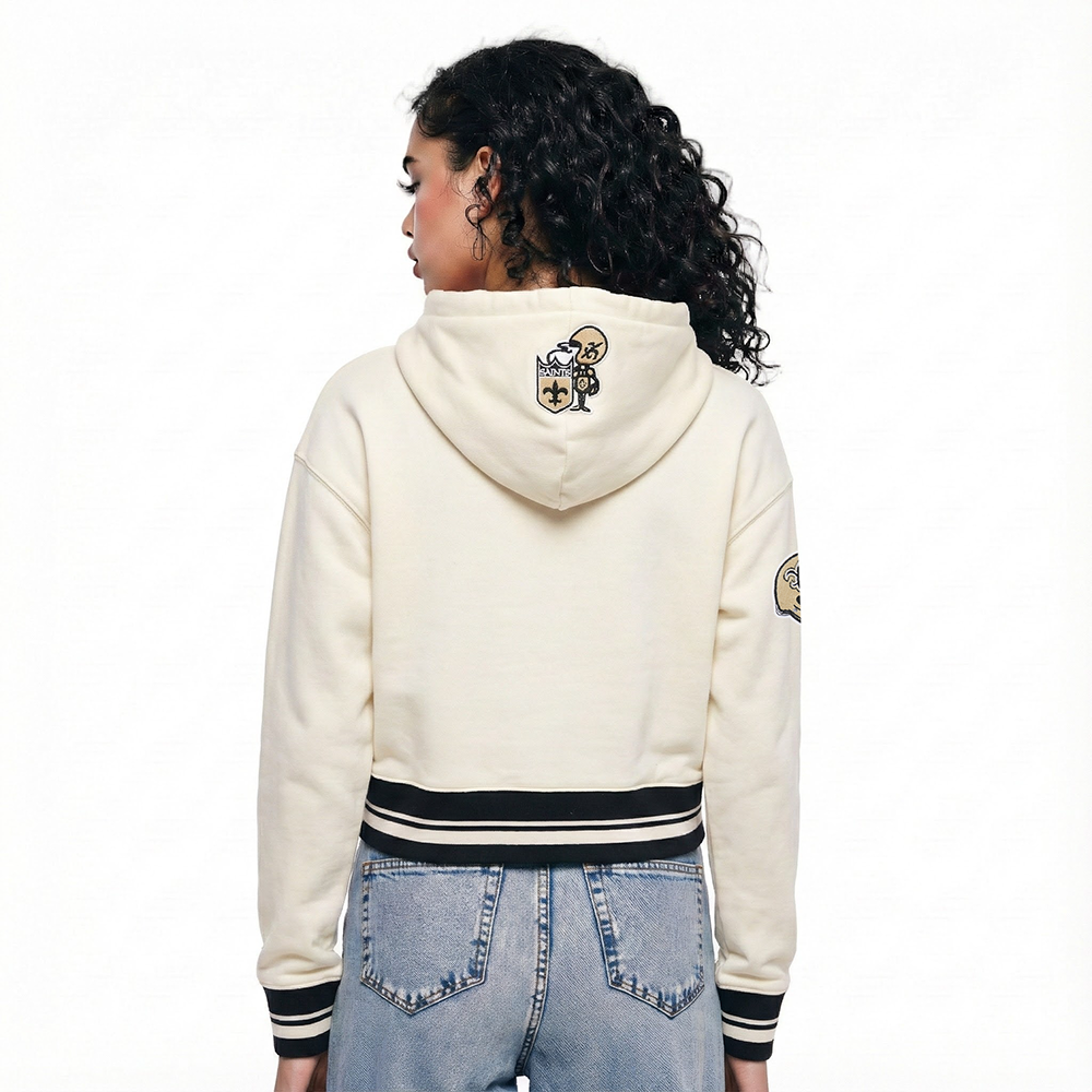 NFL NEW ORLEANS SAINTS RETRO CLASSIC CHANDAIL À CAPUCHON COURT EN MOLLETON POUR FEMME (COQUILLE D'ŒUF/NOIR)