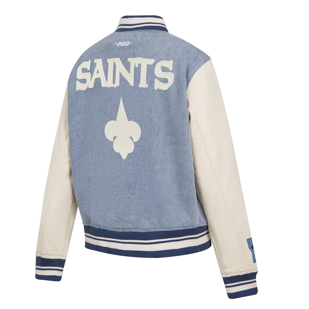 NFL NEW ORLEANS SAINTS VARSITY BLUES BLOUSON COLLÉGIAL EN DENIM POUR FEMME (DENIM/LIN)