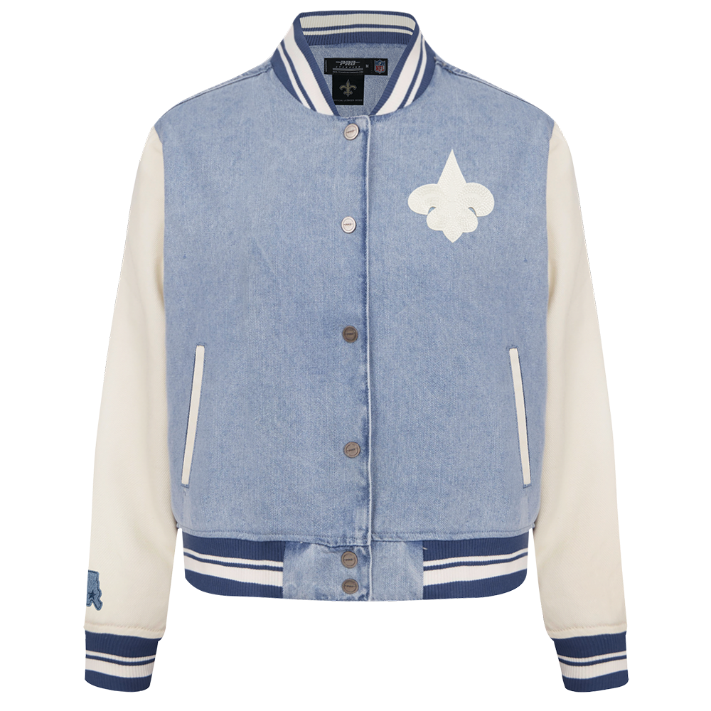 NFL NEW ORLEANS SAINTS VARSITY BLUES BLOUSON COLLÉGIAL EN DENIM POUR FEMME (DENIM/LIN)