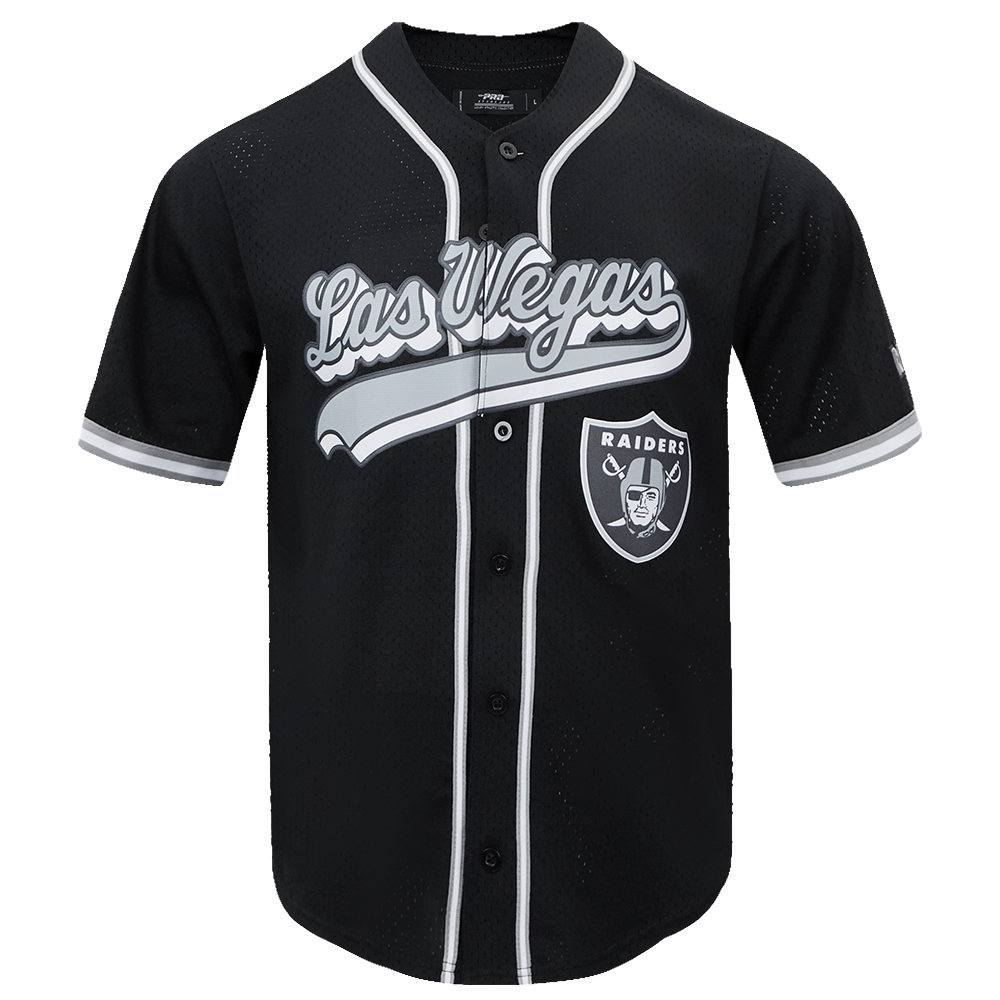 NFL LAS VEGAS RAIDERS SCRIPT TAIL MEN'S MESH BUTTON DOWN SHIRT (BLACK/GRAY)