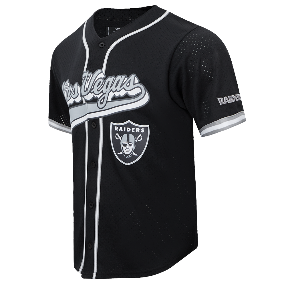 NFL LAS VEGAS RAIDERS SCRIPT TAIL MEN'S MESH BUTTON DOWN SHIRT (BLACK/GRAY)
