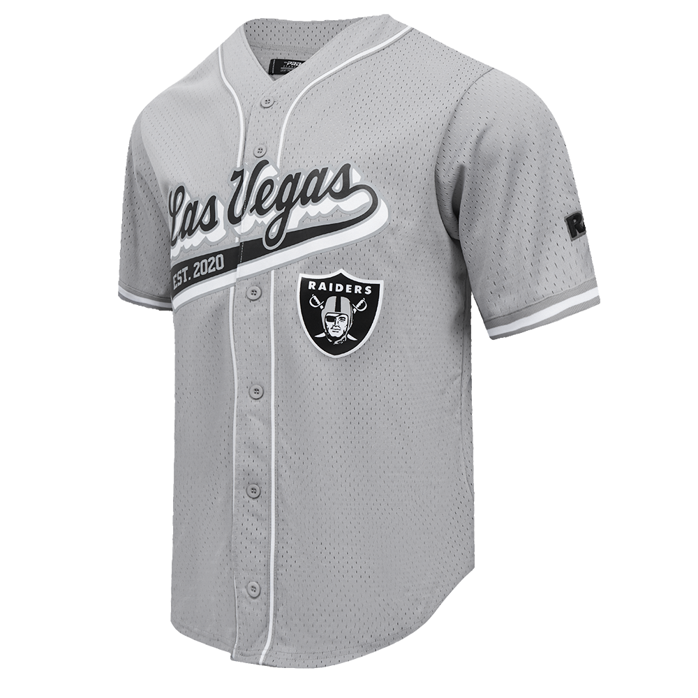 NFL LAS VEGAS RAIDERS SCRIPT TAIL MEN'S MESH BUTTON DOWN SHIRT (GRAY)