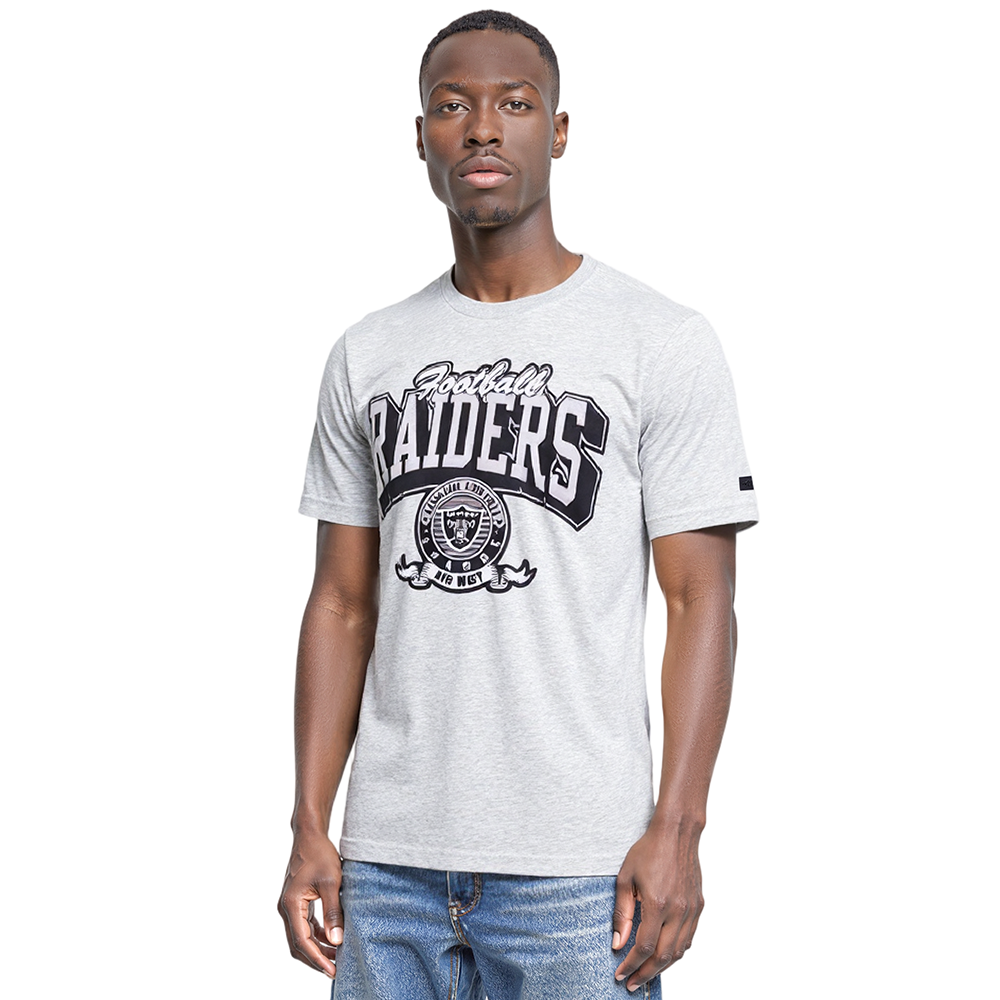 NFL LAS VEGAS RAIDERS TEAM BADGE T-SHIRT EN JERSEY SIMPLE POUR FEMME POUR HOMME (GRIS CHINÉ)