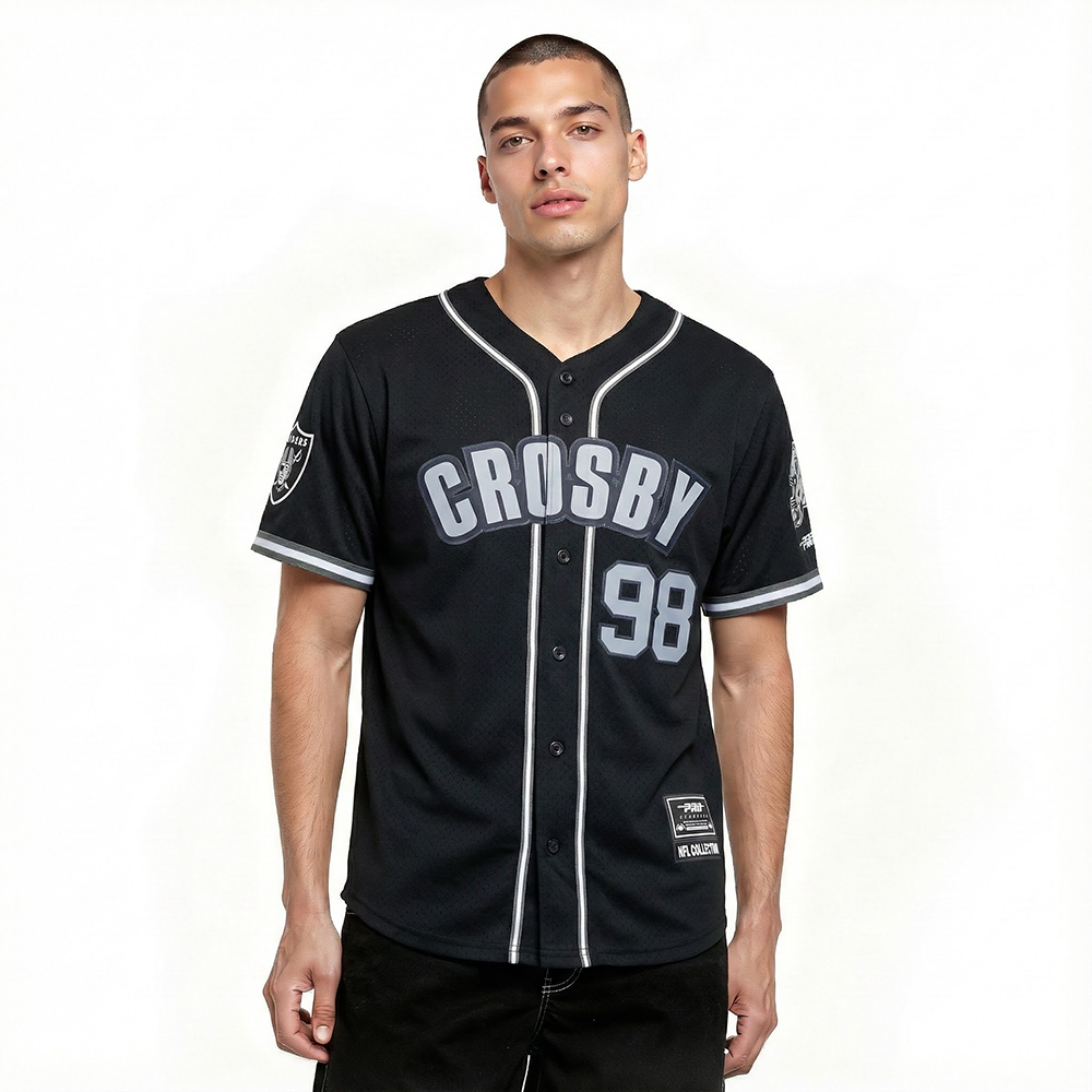 NFL LAS VEGAS RAIDERS MAXX CROSBY #98 CLASSIC MESH PNN CHEMISE BOUTONNÉE EN FILET POUR HOMME (NOIR/GRIS)